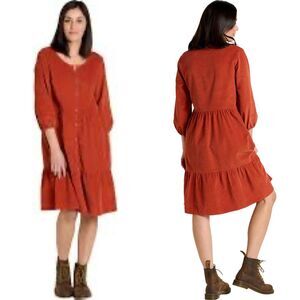 Toad & Co Women Size L Scouter Cinnamon Corduroy Tiered Midi Shirt Dress Casual